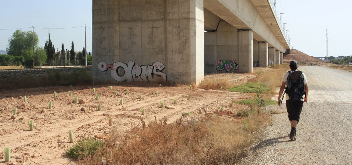 senderista camina junto a puente del ferrocarril