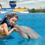 Una mujer y su hija están en el agua con un delfín